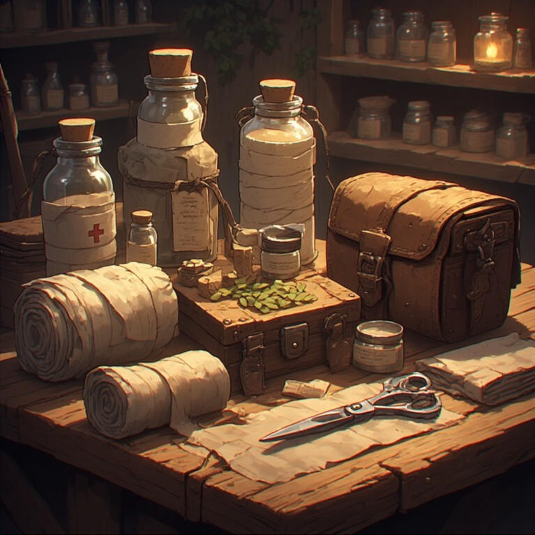 Lighting supplies An AI-generated image of lighting supplies that include candles, parchment and stationery, envelopes, scrolls, quills, ink, and sealing wax.