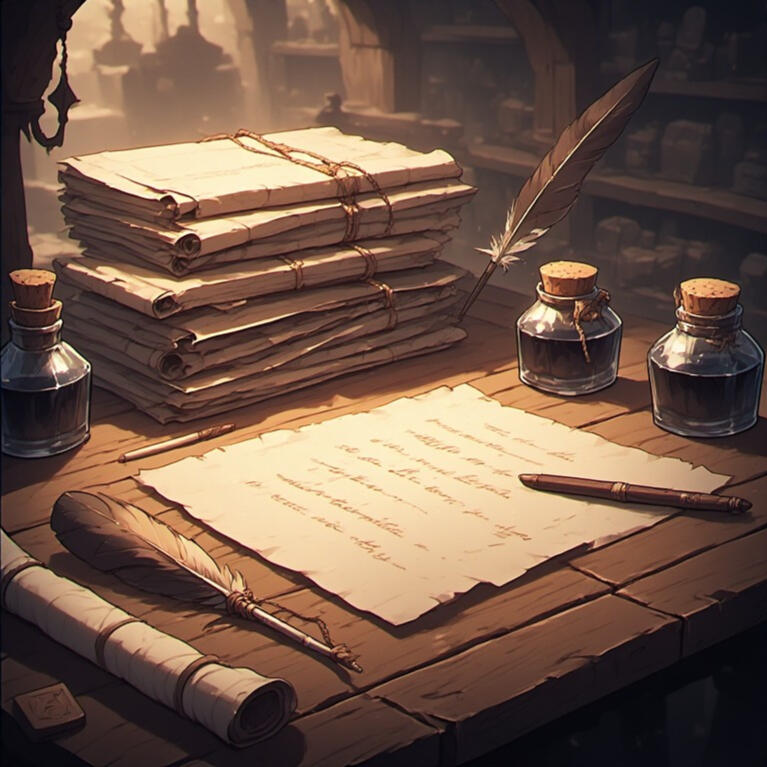 An AI-generated image of lighting supplies that include candles, parchment and stationery, envelopes, scrolls, quills, ink, and sealing wax.