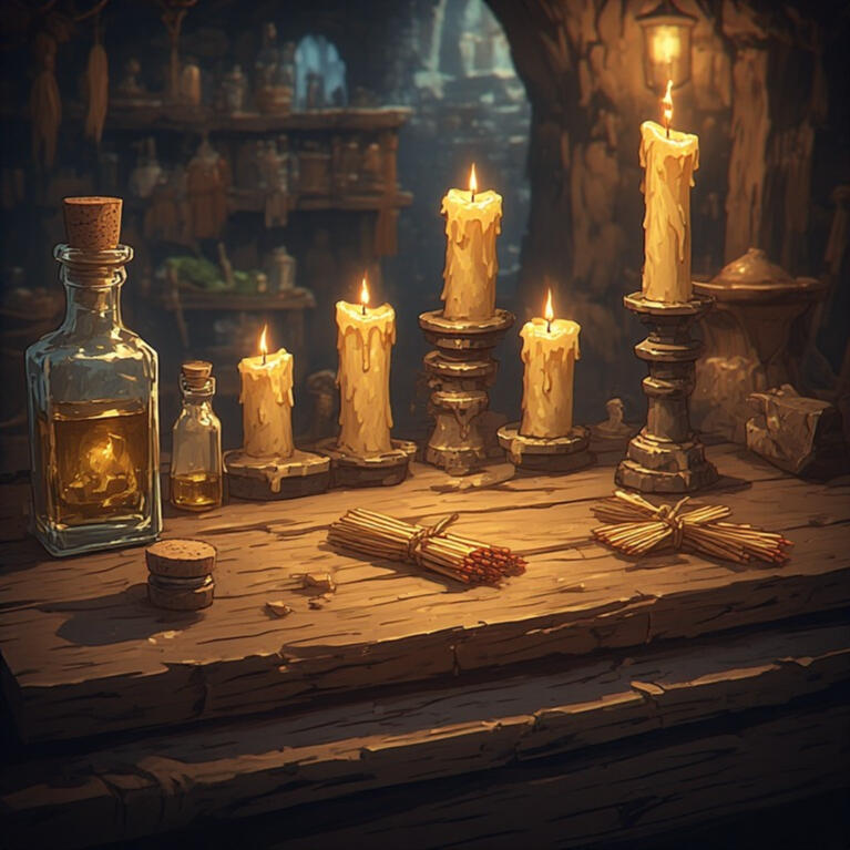 Lighting supplies An AI-generated image of lighting supplies that include candles, parchment and stationery, envelopes, scrolls, quills, ink, and sealing wax.