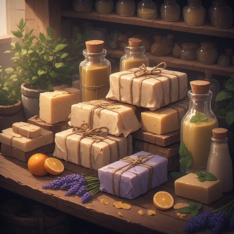 An AI-generated image of lighting supplies that include candles, parchment and stationery, envelopes, scrolls, quills, ink, and sealing wax.