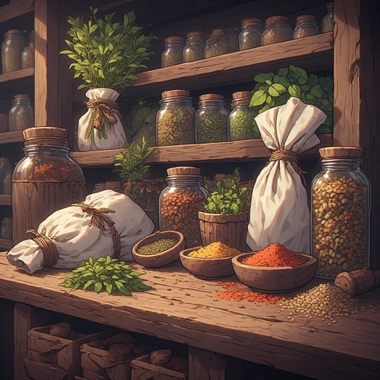 An AI-generated image of lighting supplies that include candles, parchment and stationery, envelopes, scrolls, quills, ink, and sealing wax.