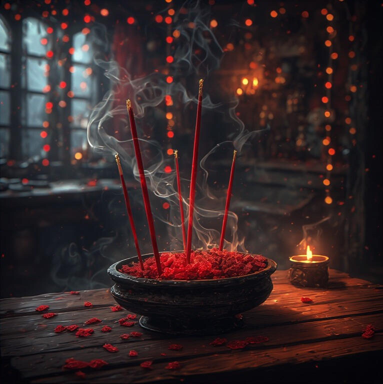 An AI-generated image of lighting supplies that include candles, parchment and stationery, envelopes, scrolls, quills, ink, and sealing wax.